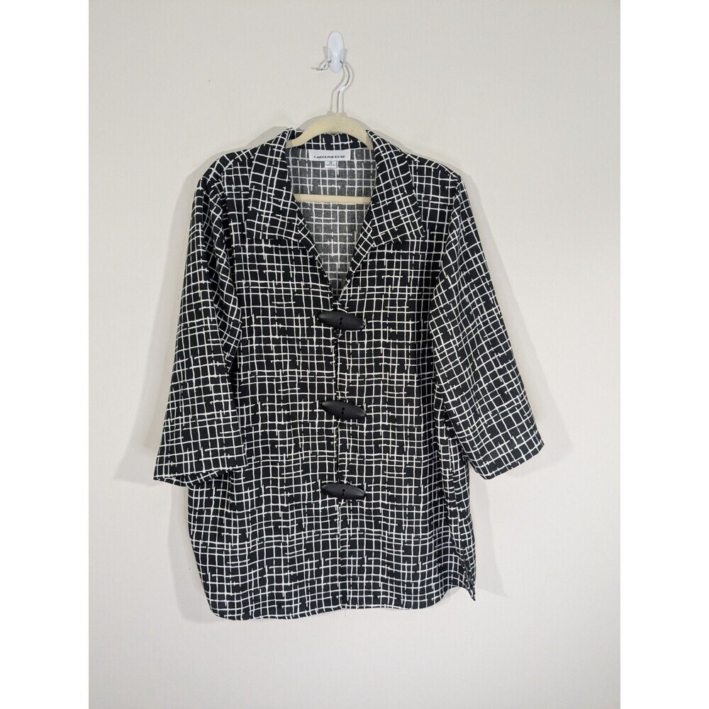 Caroline Rose Large Button Loop Over Shirt Black White Geometric Art to Wear 1X